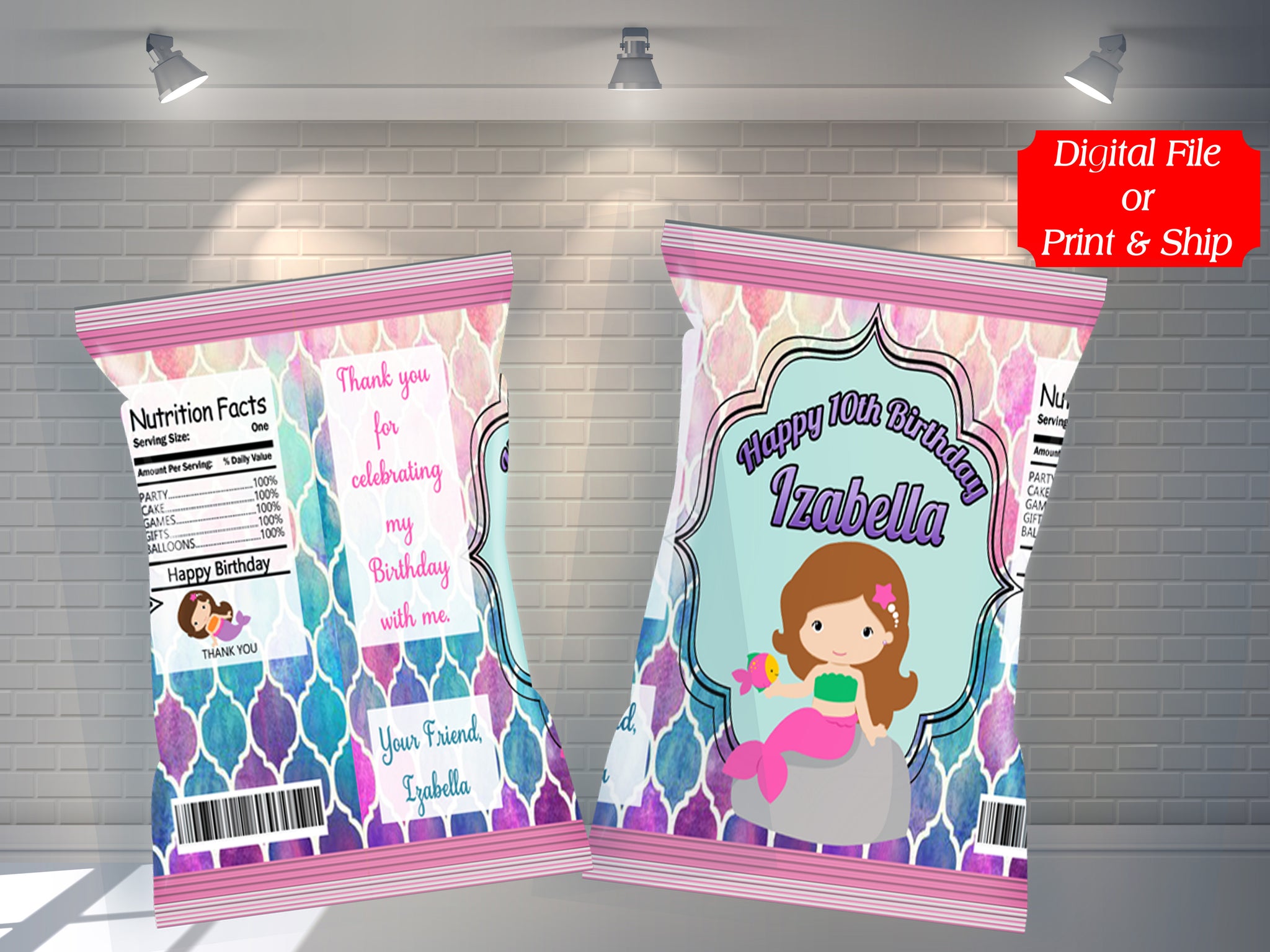 (12) Personalized MERMAID Chip Candy Treat Bags Party Favors Printed or D. File