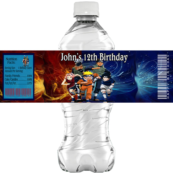 (10) Personalized NARUTO Glossy Water Bottle Labels, Party Favors, 2 Sizes