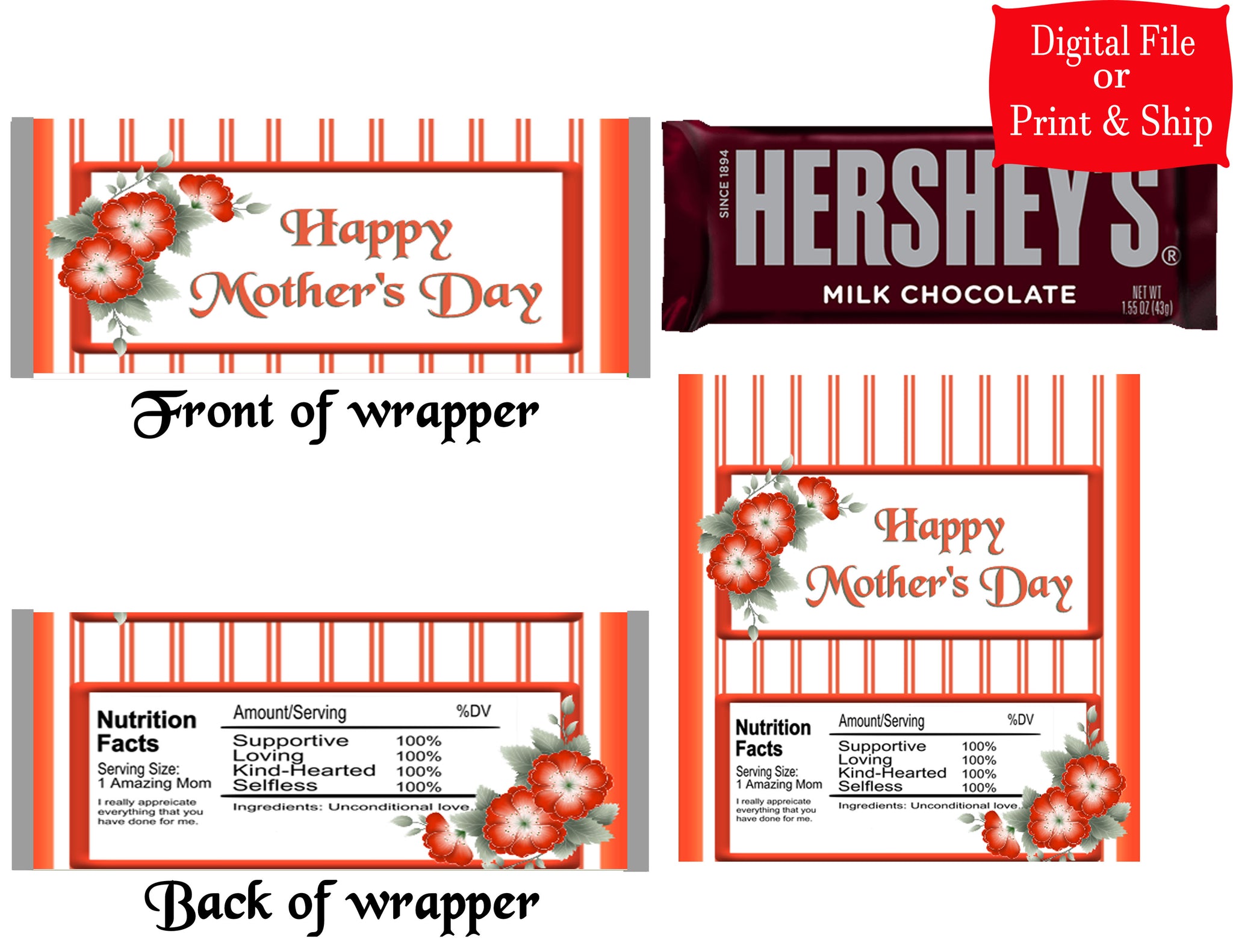 12 Personalized MOTHER'S DAY Candy Hershey Bar Wrappers Party Favors w/Silver Foil