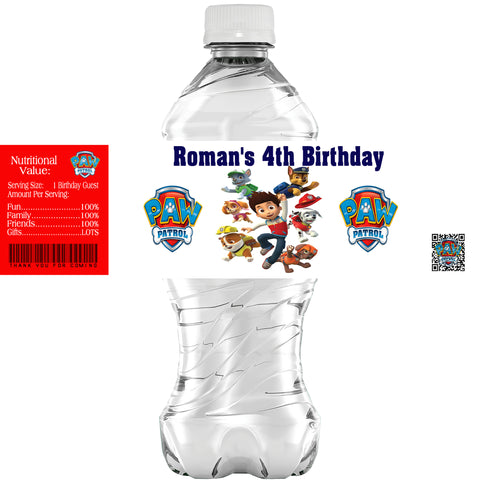 (10) Personalized PAW PATROL Glossy Water Bottle Labels, Party Favors, 2 Sizes