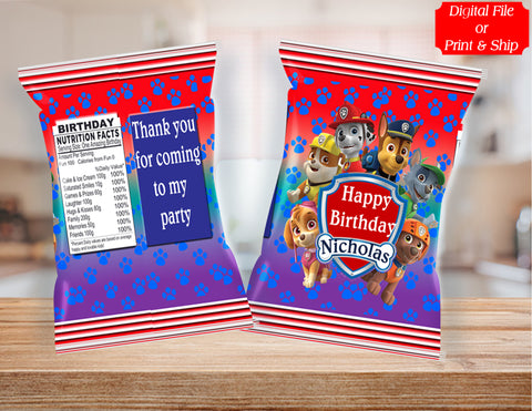 (12) Personalized PAW PATROL Chip Candy Treat Bags Party Favors Printed or D. File