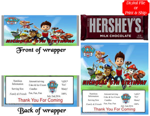 12 Personalized PAW PATROL Candy Hershey Bar Wrappers Party Favors w/Silver Foil
