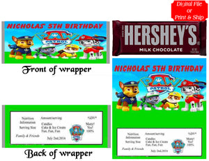 12 Personalized PAW PATROL Candy Hershey Bar Wrappers Party Favors w/Silver Foil