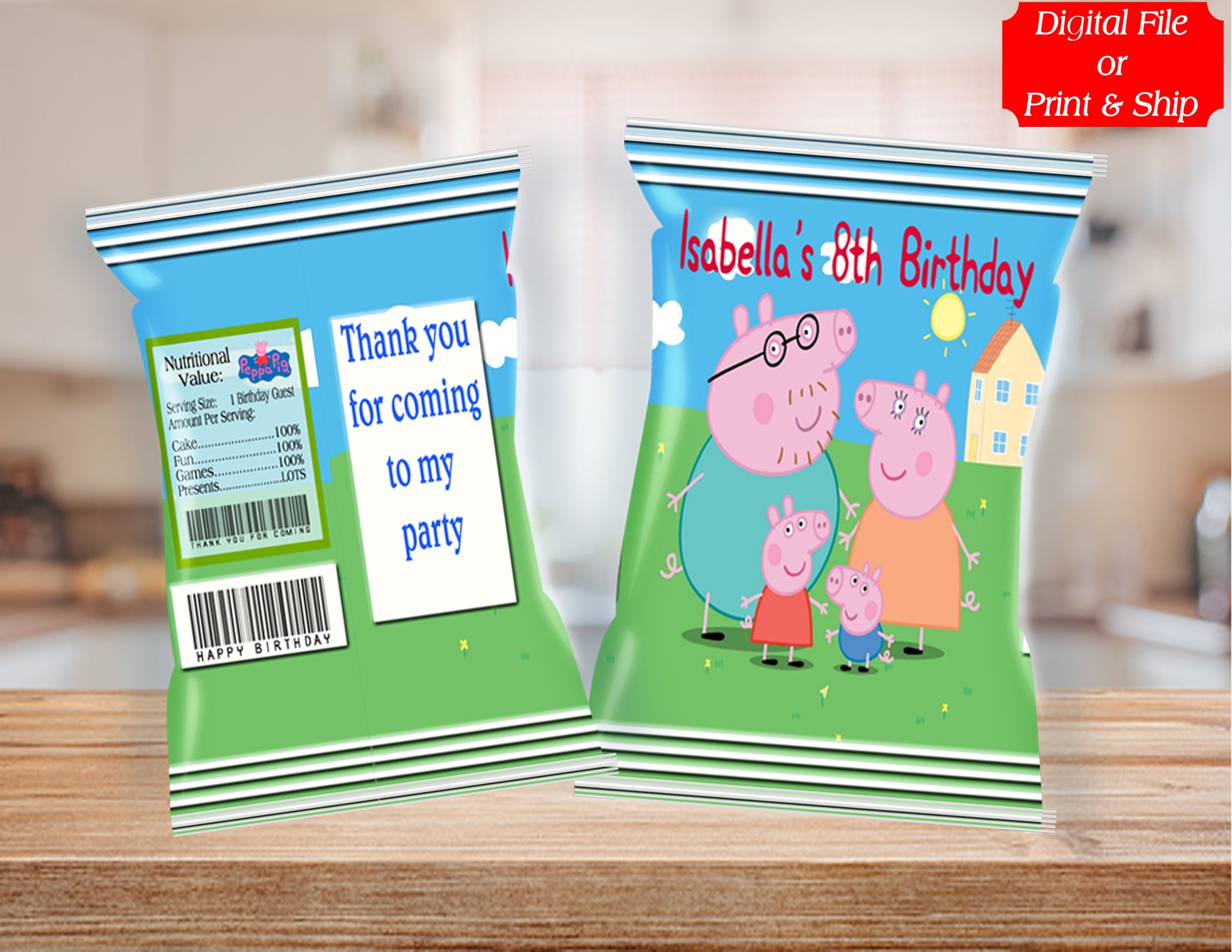 (12) Personalized PEPPA PIG Chip Candy Treat Bags Party Favors Printed or D. File