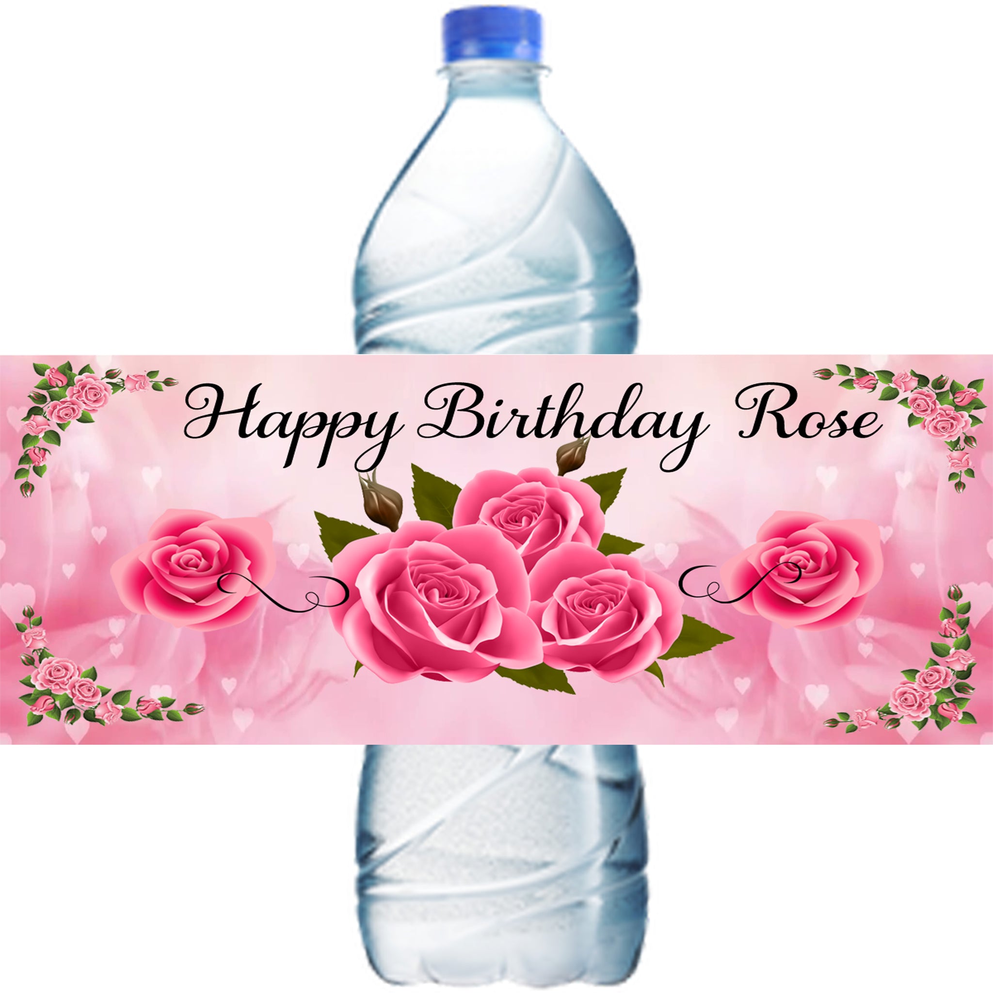 (10) Personalized PINK ROSES Glossy Water Bottle Labels, Party Favors, 2 Sizes