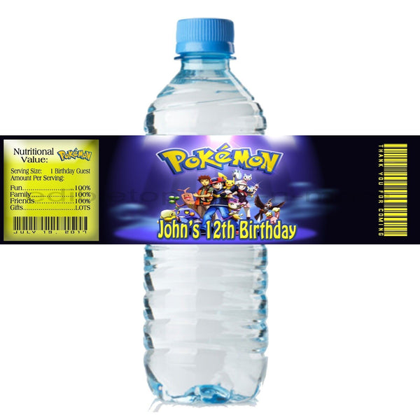 (10) Personalized POKEMON Glossy Water Bottle Labels, Party Favors, 2 Sizes
