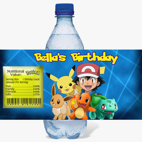 (10) Personalized POKEMON Glossy Water Bottle Labels, Party Favors, 2 Sizes