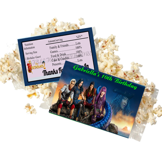 (12) Personalized DESCENDANTS Microwave Popcorn Wrappers Party Favors Standard Size