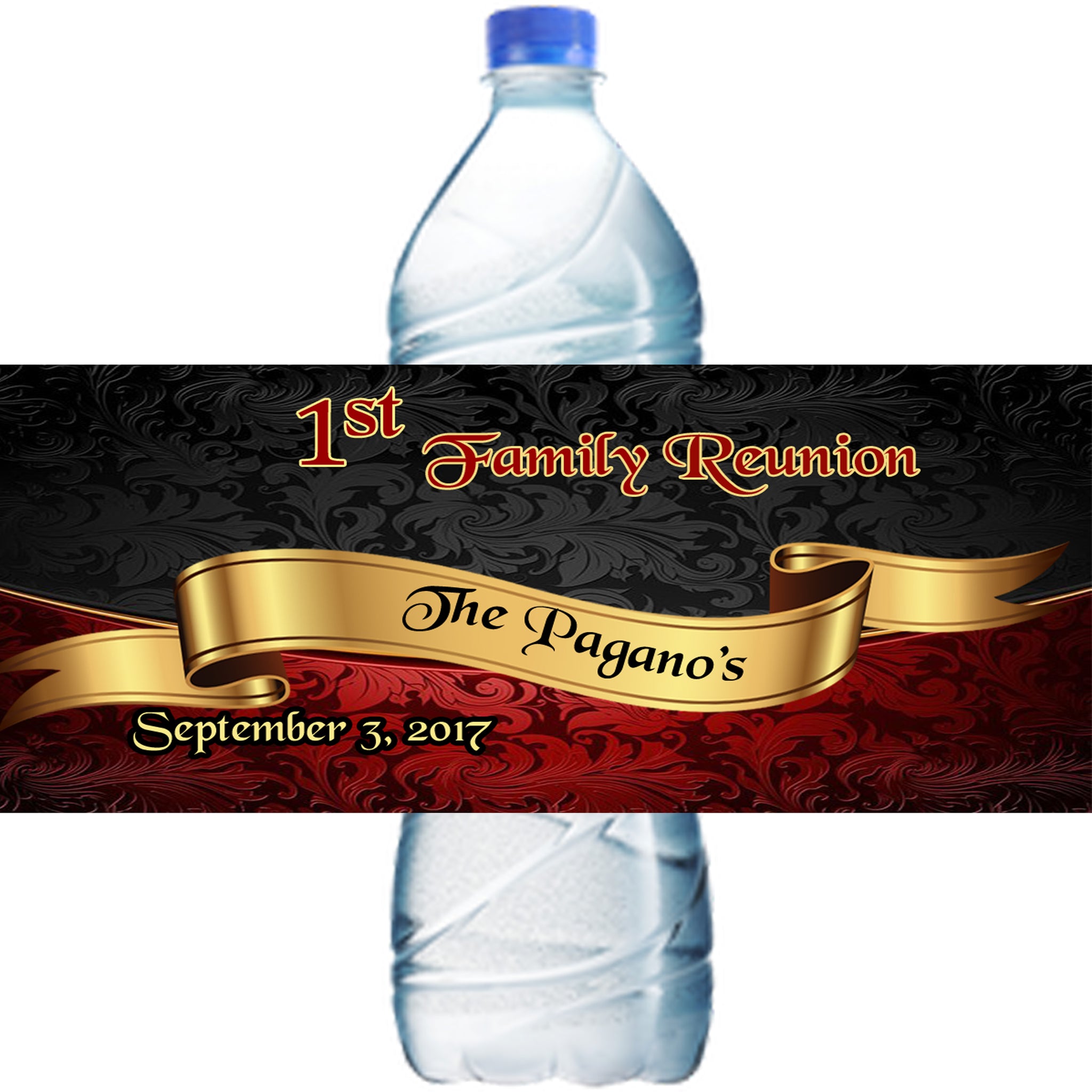 (10) Personalized REUNION Glossy Water Bottle Labels, Party Favors, 2 Sizes