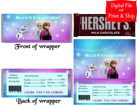 12 Personalized DISNEY'S FROZEN Candy Hershey Bar Wrappers Party Favors w/Silver Foil