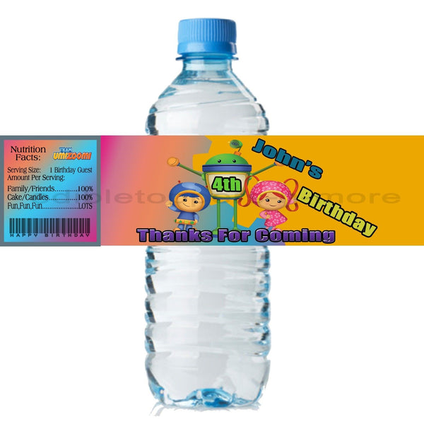 (10) Personalized TEAM UMIZOOMI Glossy Water Bottle Labels, Party Favors, 2 Sizes