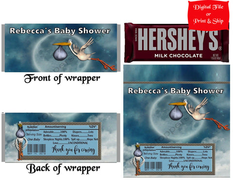 12 Personalized BABY SHOWER BOY Candy Hershey Bar Wrappers Party Favors w/Silver Foil