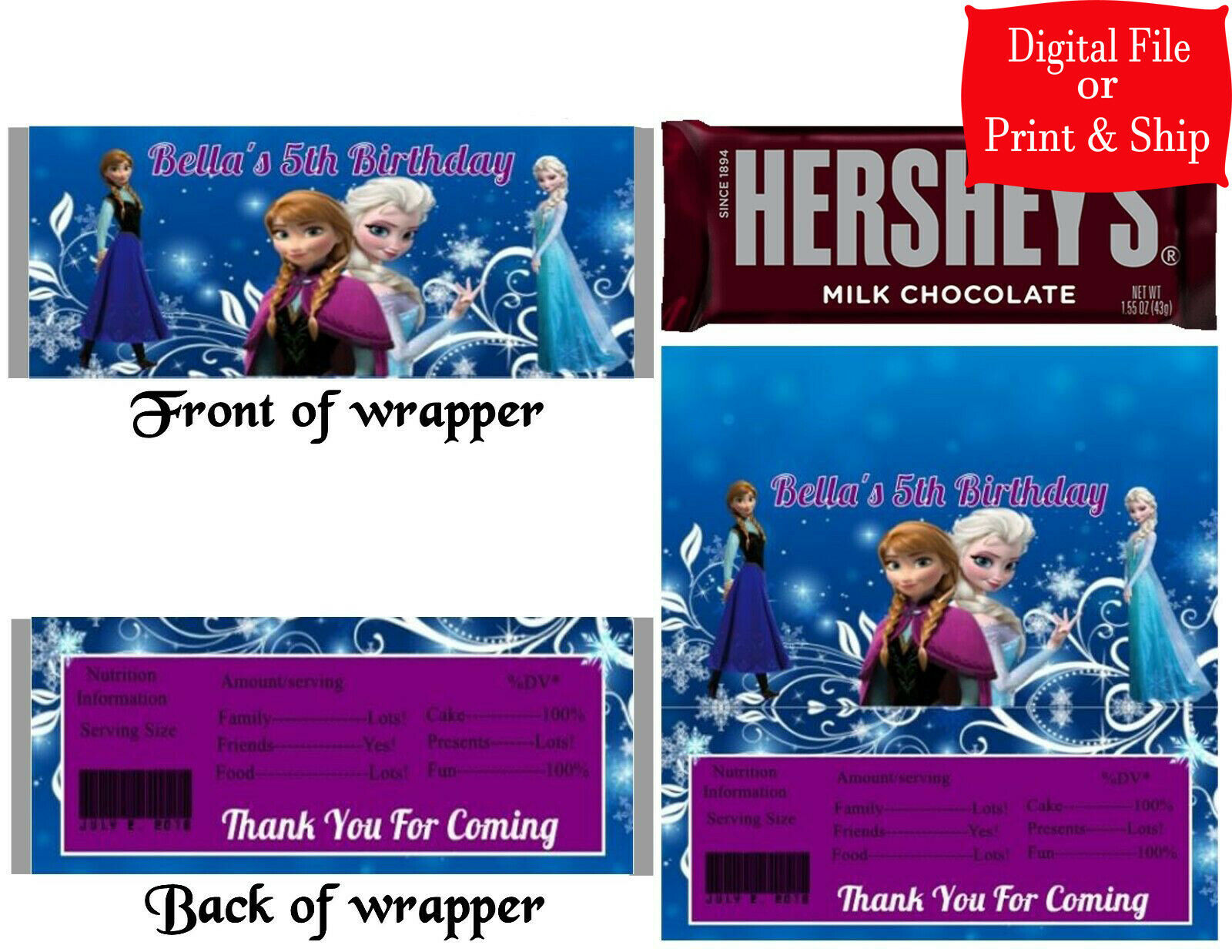 12 Personalized DISNEY'S FROZEN Candy Hershey Bar Wrappers Party Favors w/Silver Foil