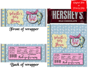 12 Personalized BABY SHOWER Candy Hershey Bar Wrappers Party Favors w/Silver Foil