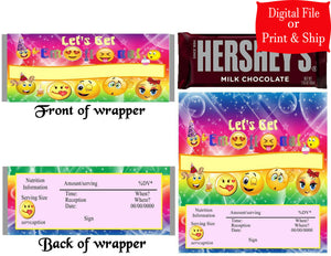 12 Personalized EMOJI Candy Hershey Bar Wrappers Party Favors w/Silver Foil