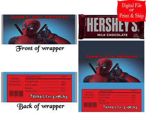 12 Personalized DEADPOOL Candy Hershey Bar Wrappers Party Favors w/Silver Foil