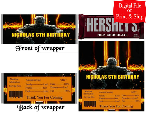 12 Personalized CALL of DUTY Candy Hershey Bar Wrappers Party Favors w/Silver Foil