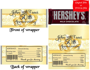 12 Personalized 50TH ANNIVERSARY Candy Hershey Bar Wrappers Party Favors w/Silver Foil