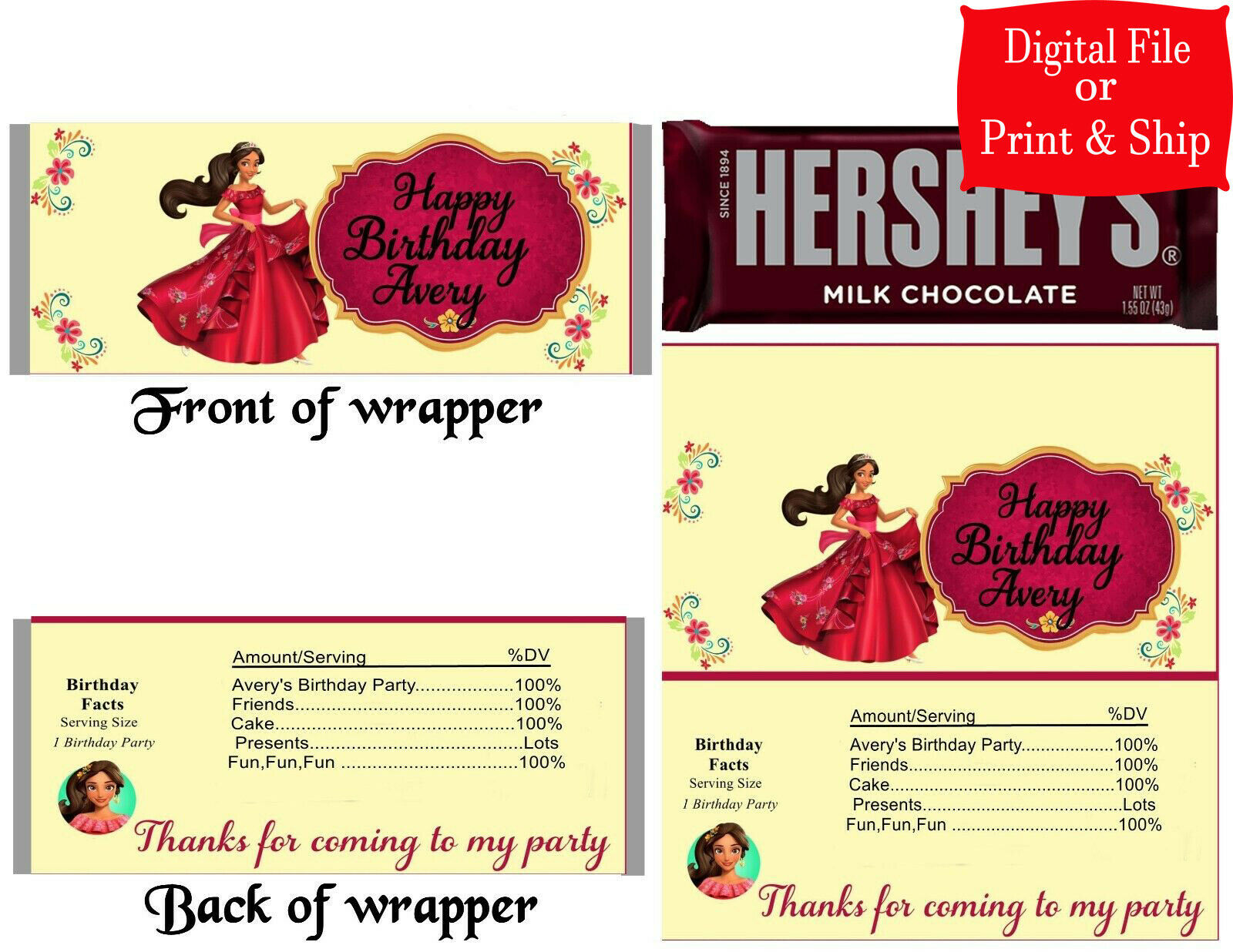 12 Personalized ELENA of AVALOR Candy Hershey Bar Wrappers Party Favors w/Silver Foil