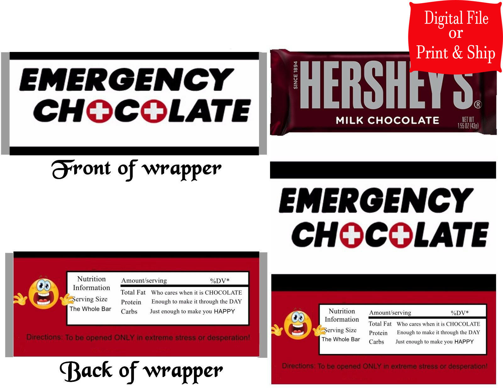 12 Personalized EMERGENCY CHOCOLATE Candy Hershey Bar Wrappers Party Favors w/Silver Foil