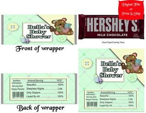12 Personalized BABY SHOWER Candy Hershey Bar Wrappers Party Favors w/Silver Foil