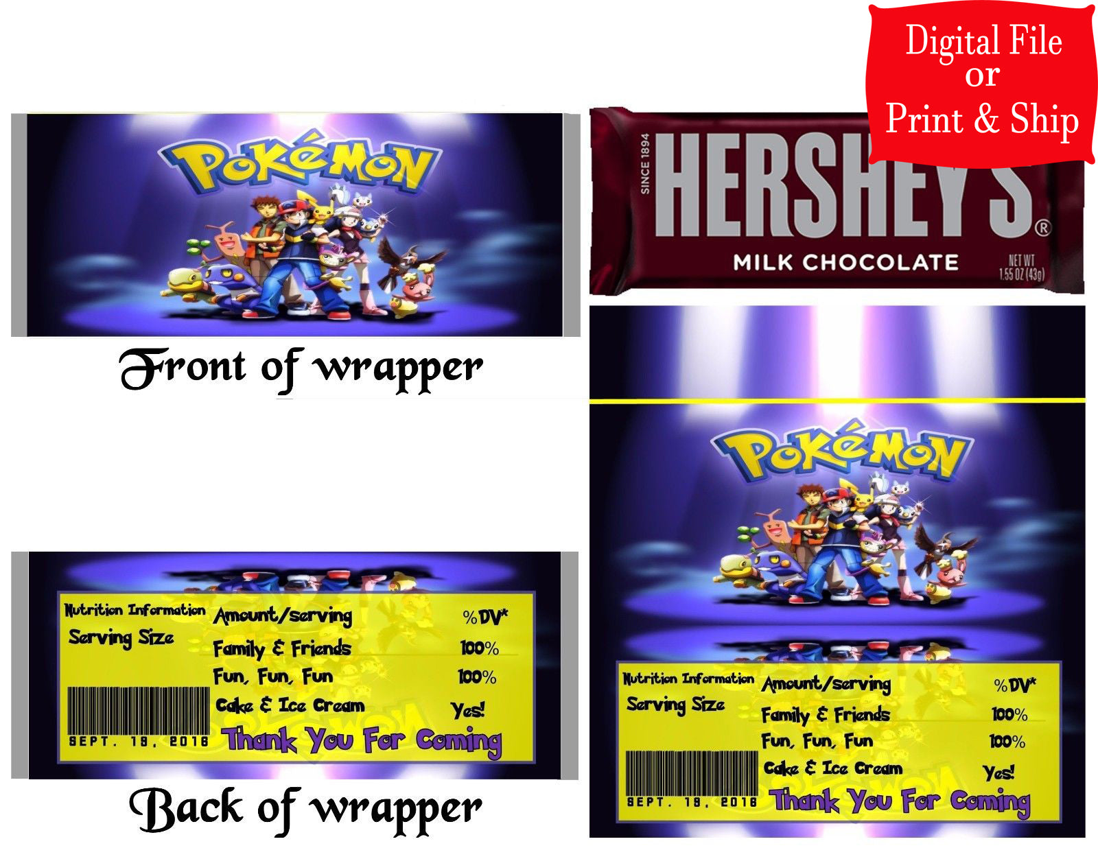 12 Personalized POKEMON Candy Hershey Bar Wrappers Party Favors w/Silver Foil