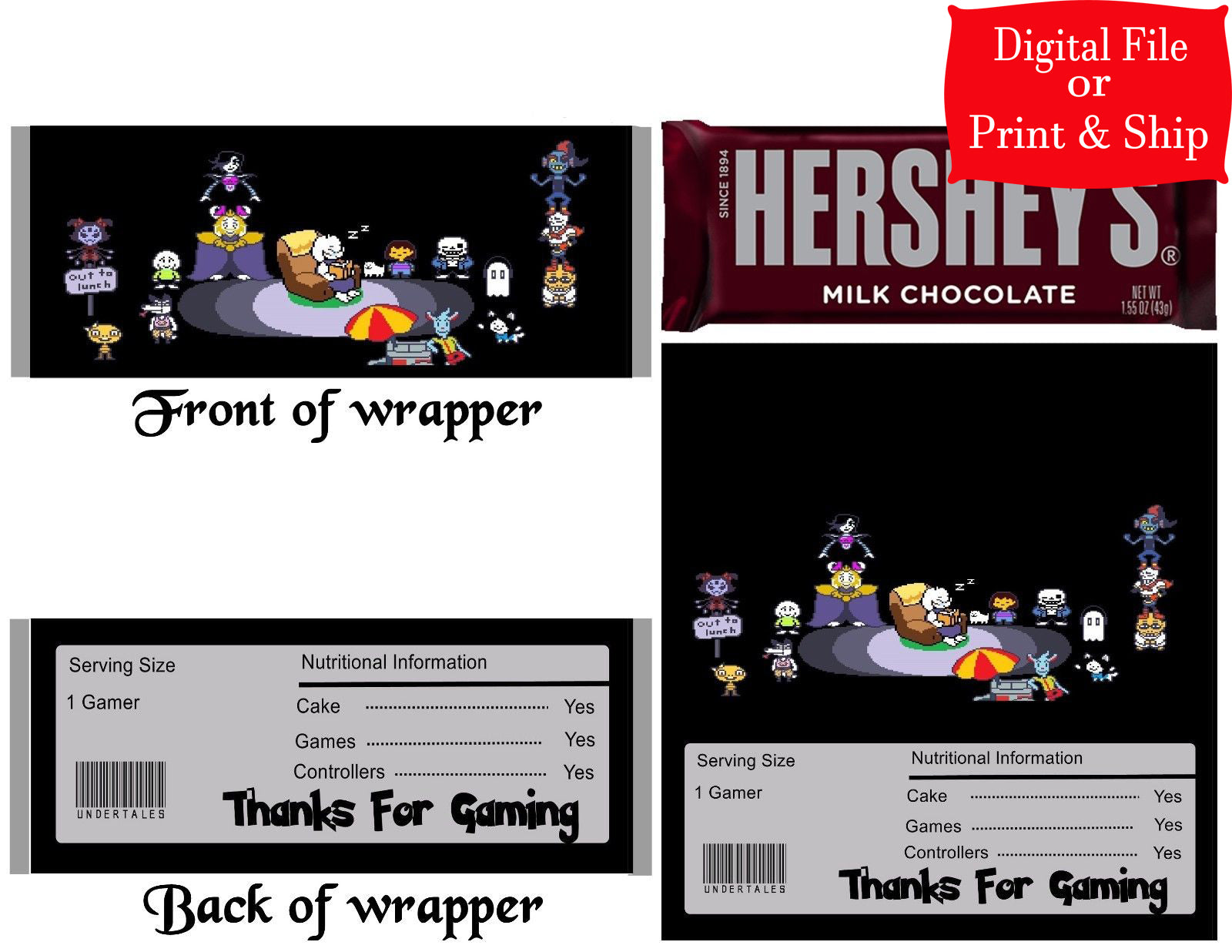 12 Personalized UNDERTALE Candy Hershey Bar Wrappers Party Favors w/Silver Foil
