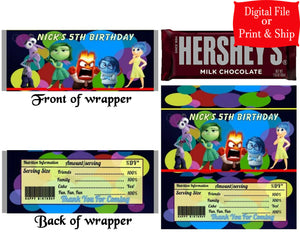 12 Personalized DISNEY'S INSIDE OUT Candy Hershey Bar Wrappers Party Favors w/Silver Foil