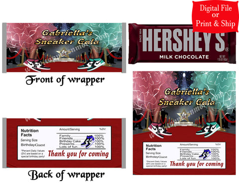 12 Personalized SNEAKER BALL GALA Candy Hershey Bar Wrappers Party Favors w/Silver Foil