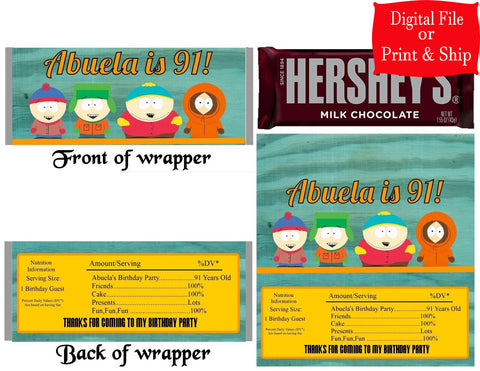 12 Personalized SOUTH PARK Candy Hershey Bar Wrappers Party Favors w/Silver Foil