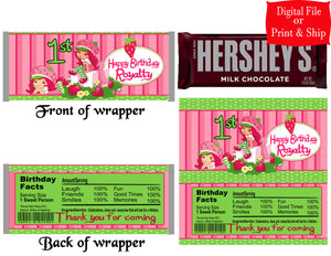 12 Personalized STRAWBERRY SHORTCAKE Candy Hershey Bar Wrappers Party Favors w/Silver Foil