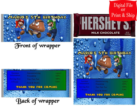 12 Personalized SUPER MARIO BROS. Candy Hershey Bar Wrappers Party Favors w/Silver Foil
