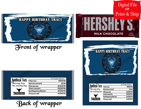 12 Personalized ASTROLOGY TAURUS Candy Hershey Bar Wrappers Party Favors w/Silver Foil