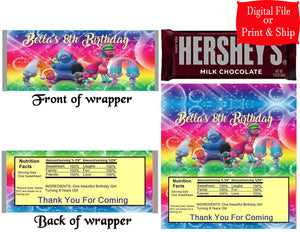12 Personalized TROLLS Candy Hershey Bar Wrappers Party Favors w/Silver Foil