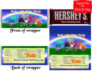 12 Personalized TROLLS Candy Hershey Bar Wrappers Party Favors w/Silver Foil