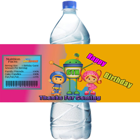 (10) Personalized TEAM UMIZOOMI Glossy Water Bottle Labels, Party Favors, 2 Sizes