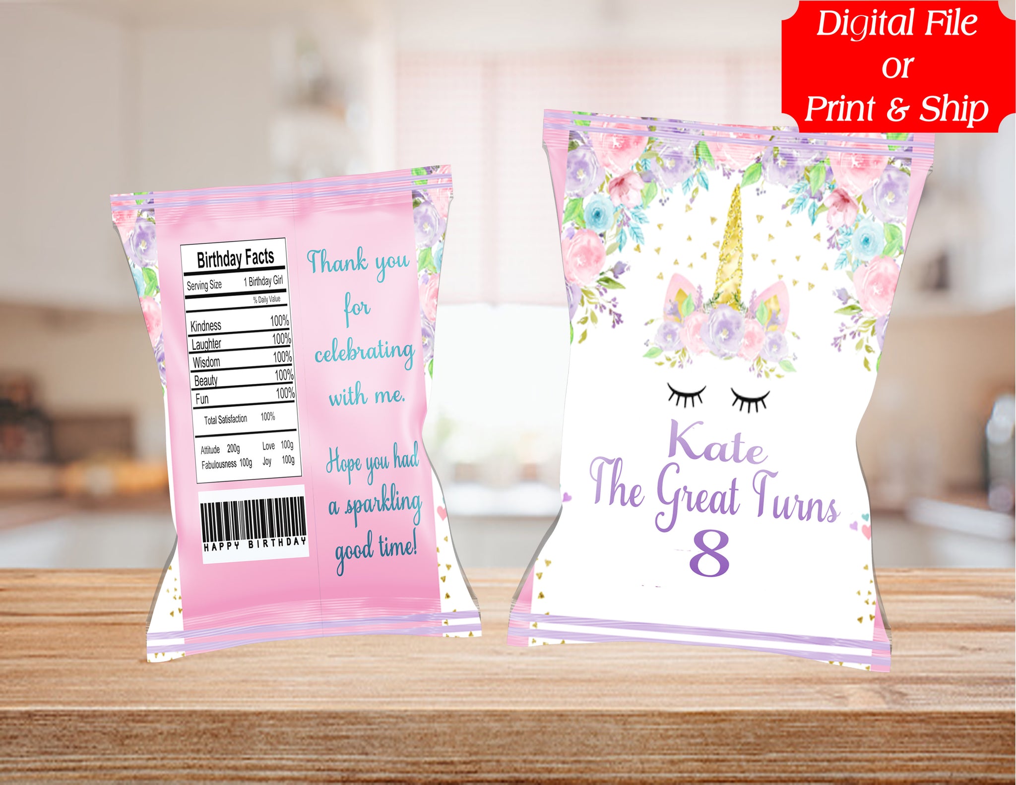 (12) Personalized UNICORN Chip Candy Treat Bags Party Favors Printed or D. File