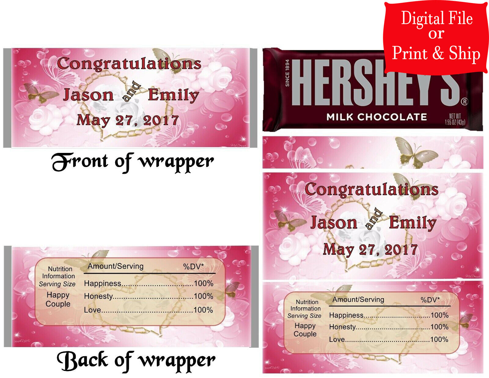 12 Personalized WEDDING Candy Hershey Bar Wrappers Party Favors w/Silver Foil